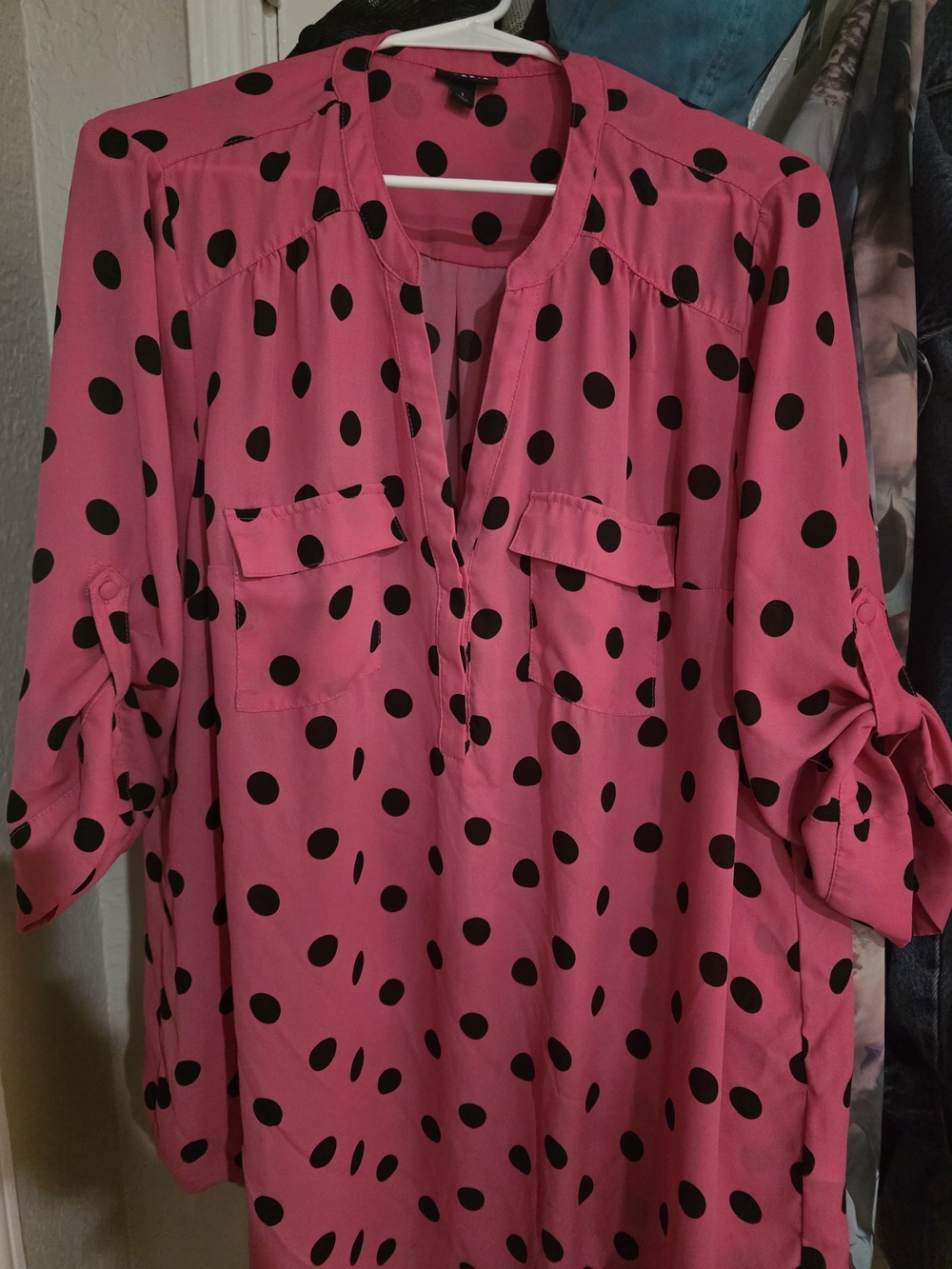 Polka Dot Pink Roll-Sleeve Tunic Blouse